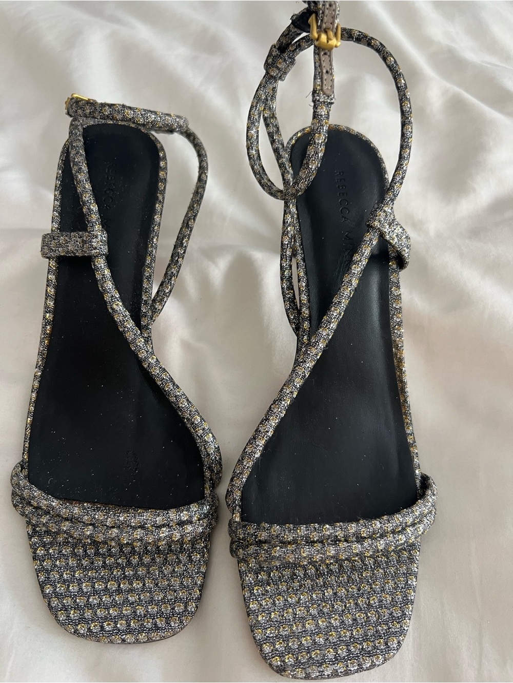 Rebecca Minkoff Gold and Black Tweed Strappy Heels